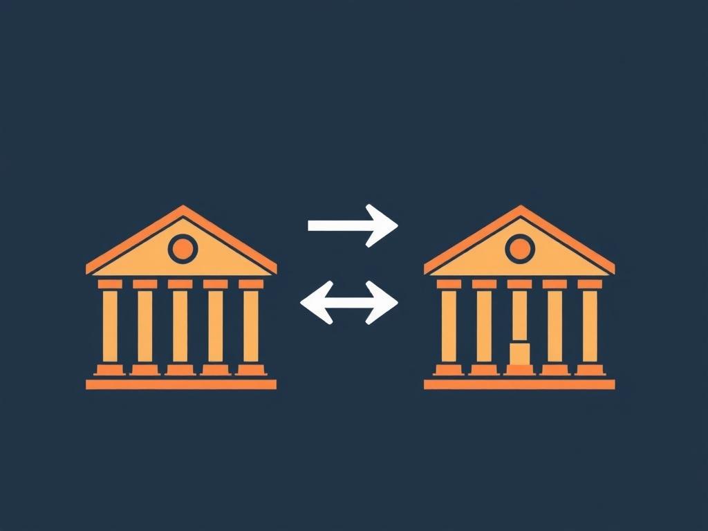 Two banks with a two-way connection between them indicated by arrows.фото